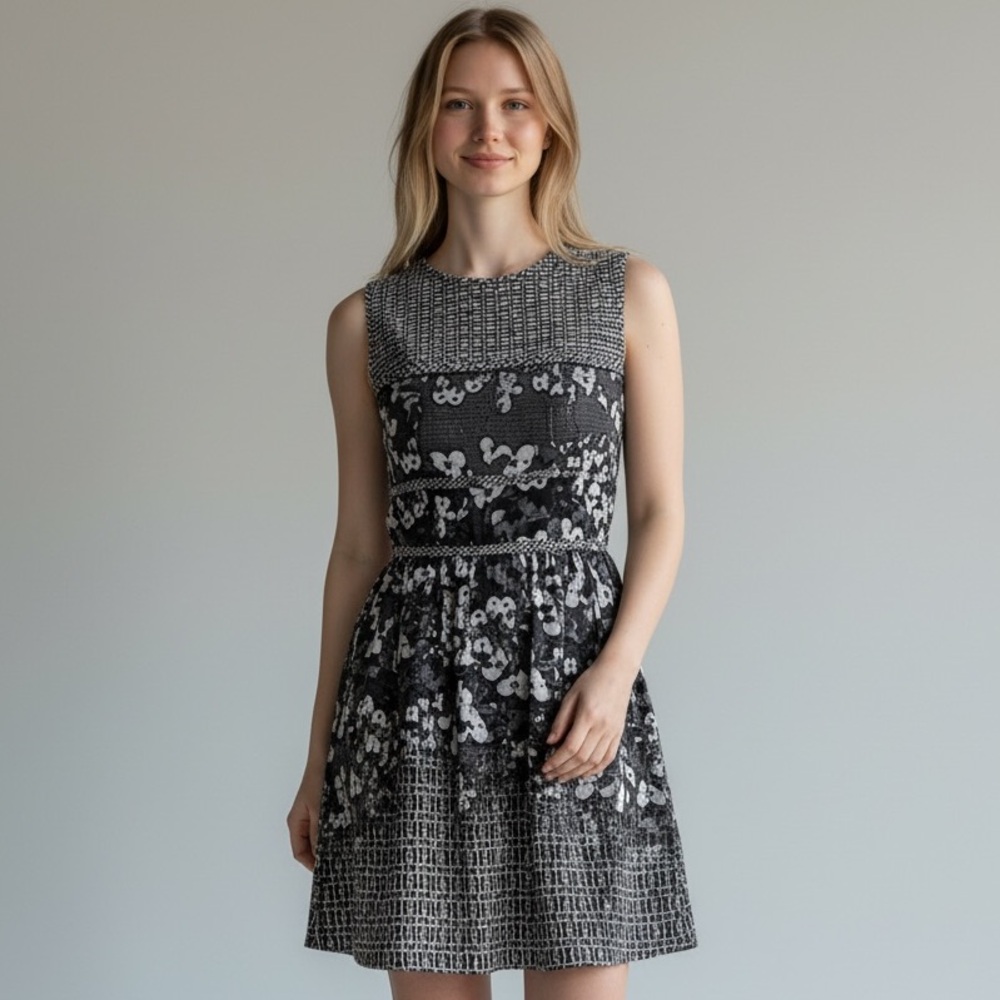 BETSEY JOHNSON rare gray white floral basket weave print sleeveless 2 like new